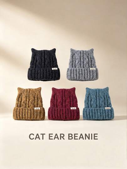 1 buah Topi Rajut Telinga Kucing Wanita, Topi Beanie Tebal Berlapis Termal Hangat, Topi Rajut dengan Pelindung Telinga, Lingkar Kepala Besar, Cocok untuk Perjalanan Luar Ruangan, Musim Gugur/Musim Dingin