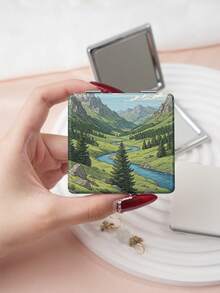 1pc Ins Landscape Series Folding Makeup Mirror, Lightweight Ultra-Thin Portable Durable PU Leather, Suitable For Various Occasions Travel Party Work School, Fits All Ages Universal - Multicolor - View 7