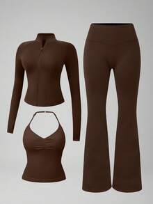 NcmRyu Women's 3 Pieces Set Solid Color Seamless Halter Adjustable Strap Tank Top Zipper Stand Collar Jacket Butt Lift Flare Pants Three Pieces Outfit - Mocha Brown - View 10