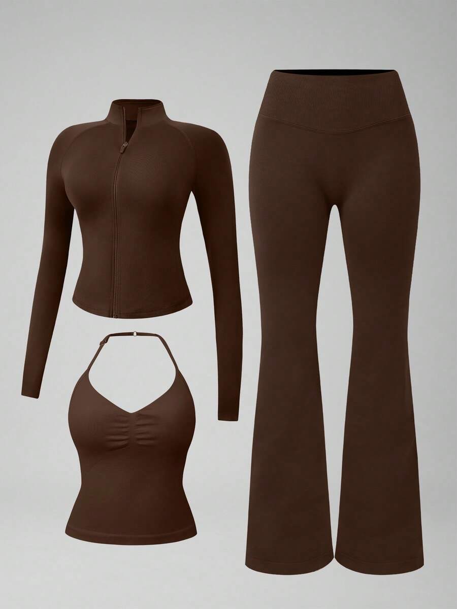 NcmRyu Women's 3 Pieces Set Solid Color Seamless Halter Adjustable Strap Tank Top Zipper Stand Collar Jacket Butt Lift Flare Pants Three Pieces Outfit - Mocha Brown - View 1