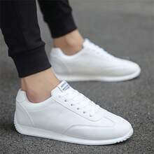 Men's Lightweight Breathable Solid Color Round Toe Low-Top Lace-Up Flat Casual Sneakers, All-Season White Board Shoes - White - View 1