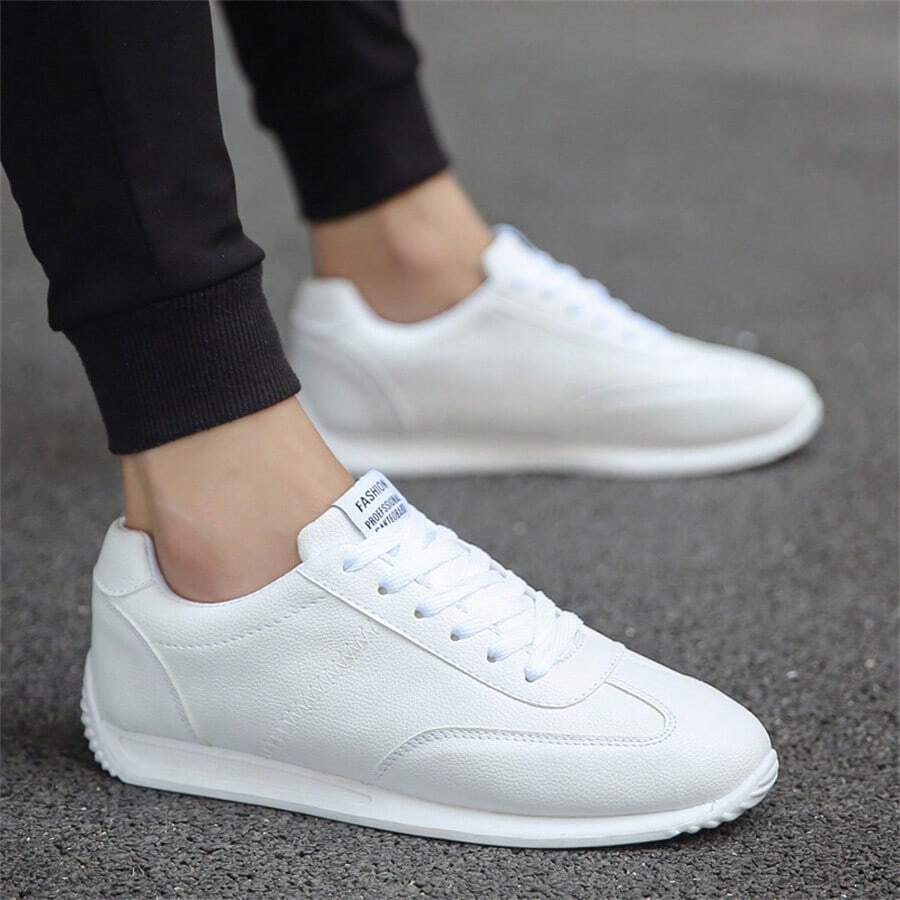 Men's Lightweight Breathable Solid Color Round Toe Low-Top Lace-Up Flat Casual Sneakers, All-Season White Board Shoes - White - View 1