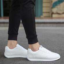 Men's Lightweight Breathable Solid Color Round Toe Low-Top Lace-Up Flat Casual Sneakers, All-Season White Board Shoes - White - View 4