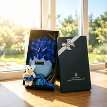 Vintage Rose Bouquet With Mini Teddy Bear, Artificial Rose Gift Box, Romantic Valentine's Day And Anniversary Surprise For Girlfriend - 23 Black Box Teddy Bear Blue - View 7