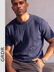 GRDR Men's Thin Summer Knit Solid Color Ribbed Short Sleeve, Sports Casual, Suitable For Outdoor Sports - Navy Blue - View 3