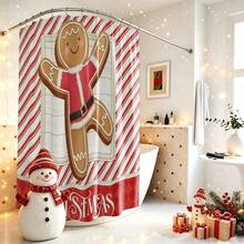 1pc Striped Gingerbread Man Merry Christmas Shower Curtain, Vintage Design, Waterproof Bath Curtain, Suitable For Bathtub Partition, Bathroom Decor And Bathroom Accessories, Home Decor Gift - Multicolor - View 4