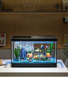 1pc Fish Tank With Lid, Fish Tank Set, Home Aquarium, Small-Medium Hydroponic Fish Tank, Living Room Transparent Goldfish Tank, Desktop Mini Fish Tank With Landscaping - Black - View 6
