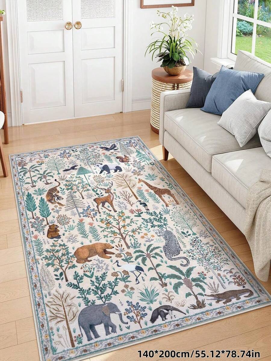 1pc Animal Pattern Rug, Bohemian Style Machine Washable Living Room Carpet, Vintage Soft Dining Room Rug, Non-Slip Wear-Resistant Large Floor Mat, Suitable For Office, Bedroom, Living Room, Entryway Welcome Doormat - Beige - View 1
