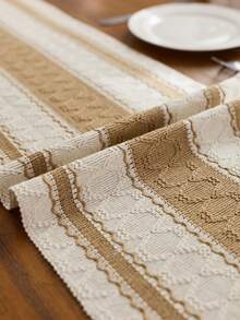 1PC Beige Brown Striped Jacquard Table Runner With Tassels, Boho Farmhouse Rustic Style, Textured Woven Fabric, Lightweight & Washable, Decorative Table Runner For Dining Table, Coffee Table, Wedding, Thanksgiving, Halloween,Autumn Party Decoration - Khaki - View 6