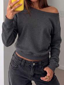 Women's Casual Dark Gray Off-Shoulder Loose-Fitting Sweatshirt With Adjustable Neckline, Allowing For Both Off-Shoulder And Concealed Shoulder Options. Simple, Stylish, Casual, And Versatile Y2K Style, Vintage, Streetwear, Suitable For Daily Commutes, Dates, Parties, Autumn/Winter, Christmas, New Year's, Thanksgiving, Parties, Weddings, Elegant, Casual, And Outings. Women's Autumn Long-Sleeved Top, Women's Autumn Clothing, Women's Autumn Outfits. - Dark Grey - View 5