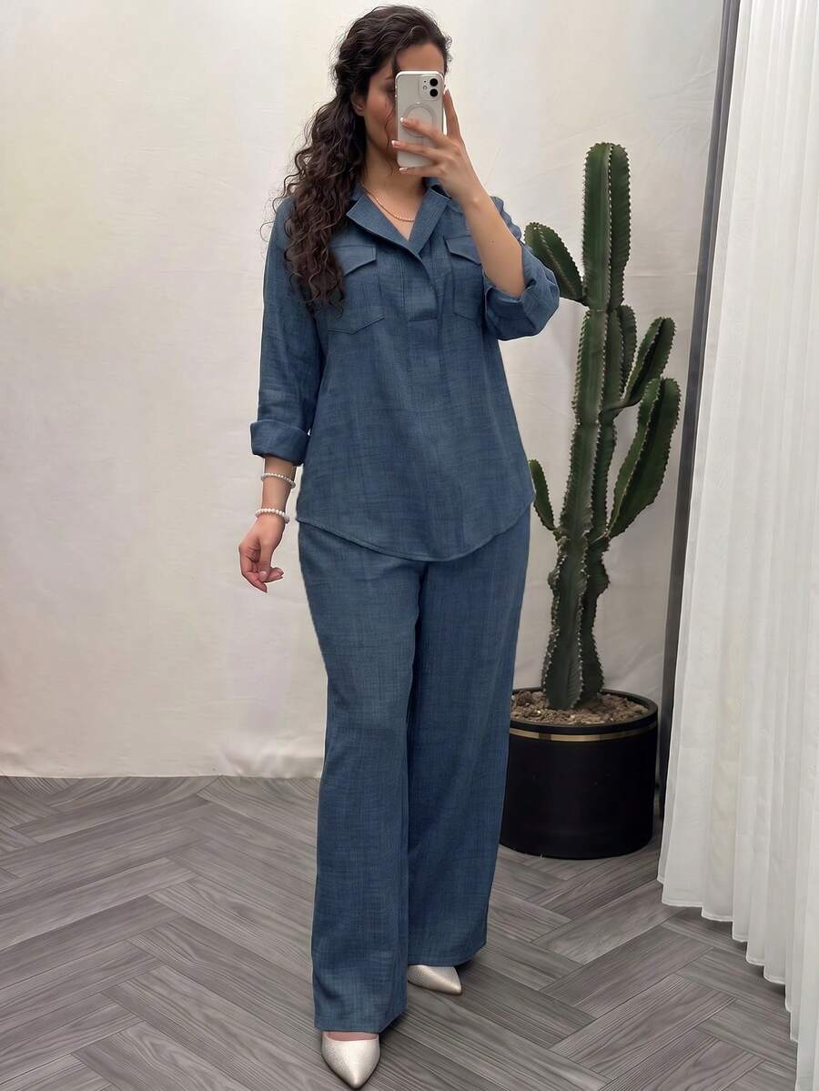 女款春夏/秋冬純色休閒前口袋鈕扣兩件套，日常通勤、辦公、約會優雅穿搭