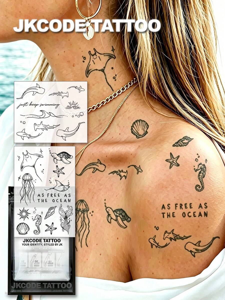 JKCODE TATTOO 2 Pcs Semi-Permanent Tattoo Kit | Ocean Tattoos, Mermaid, Turtles, Starfish, Shells Tattoo For Arm, Neck, Waterproof, Realistic Fake Tattoos, Botanical, Magic Tattoos, Lasts 1-2 Weeks, Tattoos For Women, Shoulder Tattoo, Perfect Gift For Vacation - Dark Grey - View 1