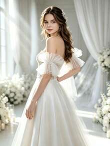 French Style Bridal Sleeve, White Tulle Pearl Wrist Decor For Photography - Multicolor - View 5