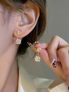 topshiny 1 Pair Elegant Korean Champagne Pearl & Rhinestone Stud Earrings, Suitable For Daily Outfit And Party Accessories - Champagne - View 13