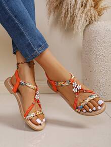 Women's Bohemian Floral Decor T-Strap Sandals, Colorful Woven Open Toe Elastic Back Strap Flat Sandals - Orange - View 4