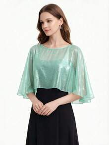 1pc Shiny Short Cape Bridal Evening Dress Outerwear Lightweight Mesh Party Wedding Jacket - Mint Blue - View 12