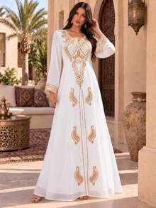 Women's Sequin Beaded Long Sleeve Elegant Dress - White - View 4