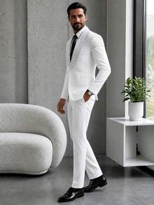 Spring Autumn Men's Rhinestone Suit Jacket & Pants Set Casual Fashion Design Everyday Wear Two Pieces Outfit - White - View 3