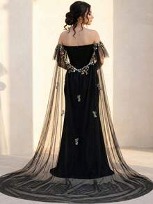 1pc Sexy Open Back Long Train Tulle Lace Applique Cape, White, Black, Suitable For Bridal Church Wedding, Wedding Photography, Halloween Costume Accessory - Multicolor - View 6