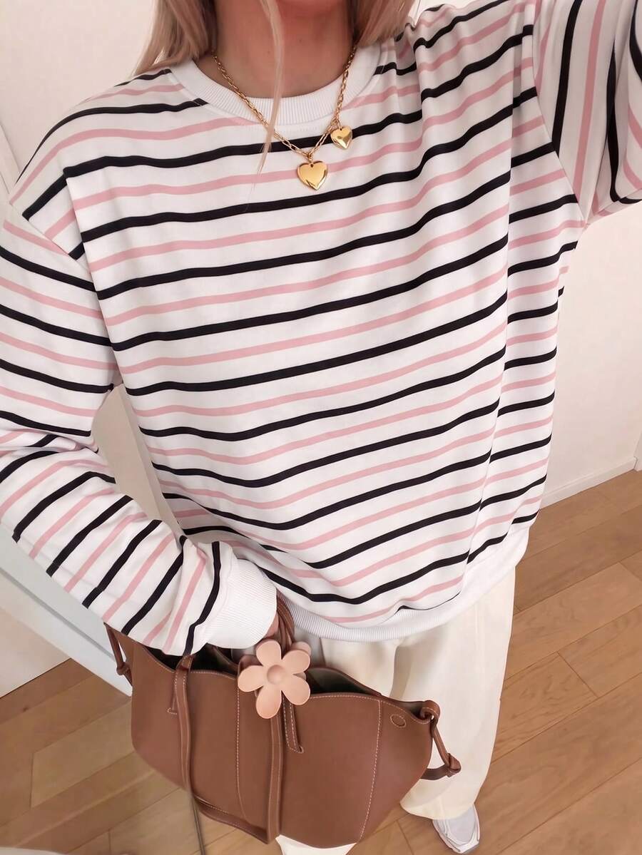 Women's Striped Print Crew Neck Sweatshirt, Loose Drop Shoulder Casual Long Sleeve Pullover - White - View 1