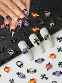 30pcs Mixed Christmas Series Glitter Snowflake Candy Cane, Halloween Cartoon Winged Little Devil Evil Eye Nail Art Decorations - Multicolor - View 3