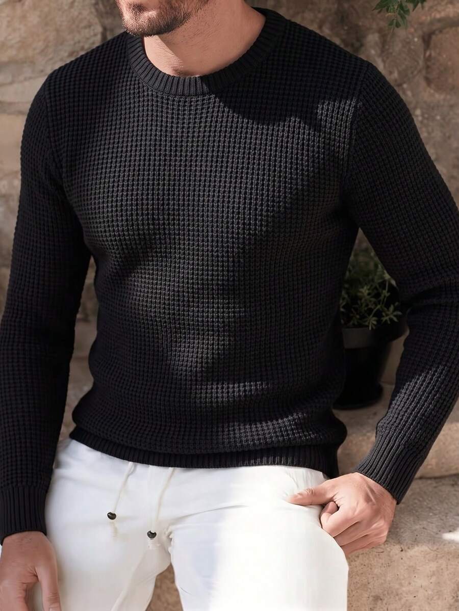 Men's Autumn/Winter Fashion Casual Versatile Solid Color Jacquard Sweater, Suitable For Daily Commute And Dating - Black - View 1