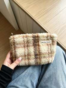 1pc Retro Casual, Fleece, Rectangular Pouch, Striped Plaid Print, Label & Zipper Detail, Holds Cosmetics & Small Items, Makeup Bag, Storage Pouch, For Daily Use, Trips, Autumn Winter & Holiday Occasions,Makeup Bag - Multicolor - View 15