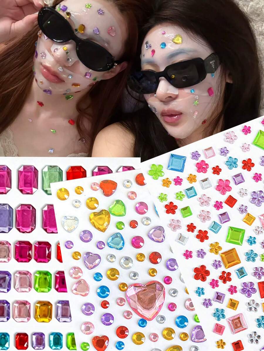 1Sheets 65/102/106pcs Self-Adhesive Rainbow Face Gem Stickers, Heart Square Flower Round Acrylic Rhinestone Pearl Stickers, 3D Shiny DIY Face Body Decor, Ins Y2K Photo Props, For Halloween Music Festival Party Cosplay - Multicolor - View 1