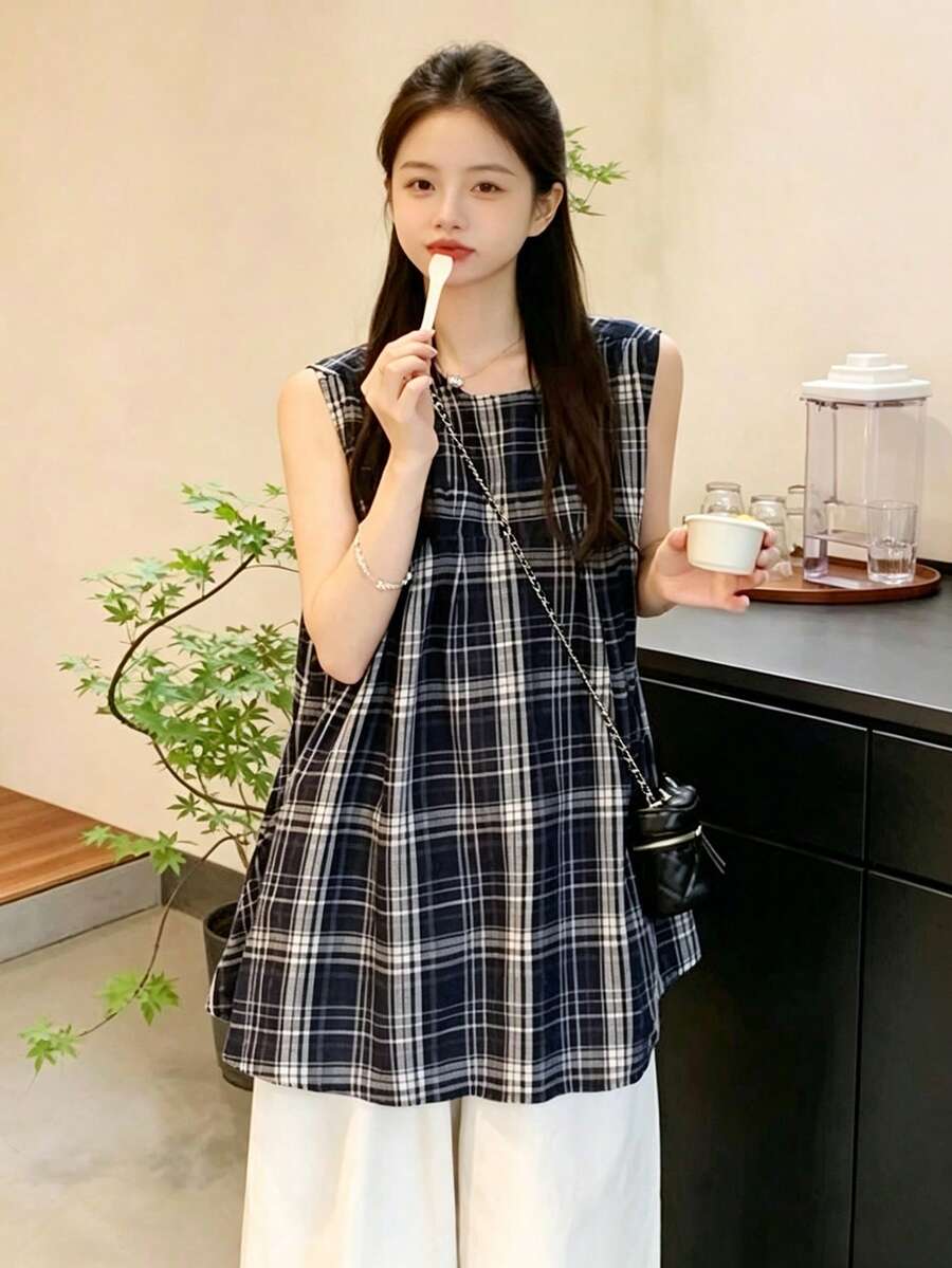 YCYC Japanese Vintage Design Plaid Round Neck Shirt Women Summer Loose Sleeveless Casual Babydoll Blouse Top - Navy Blue - View 1