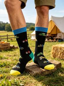 1 Pair Men's Farm Tractor Graphic Mid-Calf Socks, Fun Tractor Jacquard Mid-Calf Socks, Men's Contrast Cuff Casual Everyday Personalized Agricultural Machinery Enthusiast Outfit Socks - Multicolor - View 3
