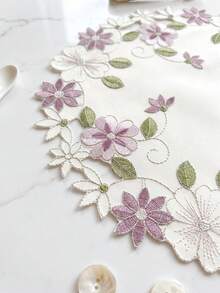 1pc Round Floral Embroidered Placemat, Blue/Pink Hollow Flower Embroidery Table Mat, Suitable For Wedding, Party, Dining Table And Home Decor - Pink - View 3