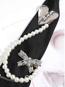 1pc Niche Design Heart Pearl Bow Rhinestone Sweet Cool Personalized Shirt Decoration Women's Necktie - Multicolor - View 6