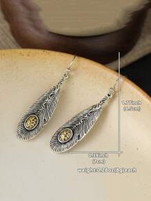 YOYO Vintage Carved Feather Earrings - Unique Oval Accessory - Silver - View 7