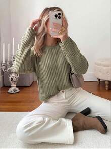 Women's Casual Ribbed Pullover Knit Sweater, Long Sleeve Basic Top For Fall Winter Daily Commute Outfits Basic Blouses Going Out Outfits - Olive Green - View 9
