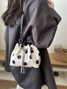 1pc Solid Color Drawstring Bucket Bag With Chain Strap Crossbody Shoulder Bag For Women, Fashion Polka Dot Pattern Shoulder Bag - Beige - View 3
