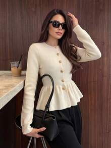 2026SS New French Style Fitted Waist Fishtail Hem Knit Cardigan, Slim Fit Textured Round Neck Single-Breasted Short Sweater - Apricot - View 2