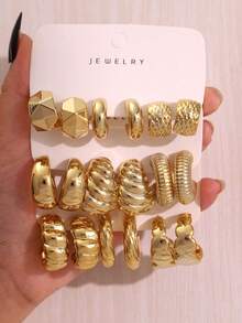 CCB Gold C-Shaped Hoop Earrings Set, Multiple Thick Open Earring Combinations, Vintage Metal Earrings, Suitable For Women's Daily And Party Wear - Gold - View 6