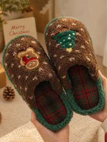 Women's Plush Slippers Winter Christmas Gingerbread Man Cute Fuzzy Fleece Warm Indoor Outdoor Couple Style Furry Slippers - Green - View 2