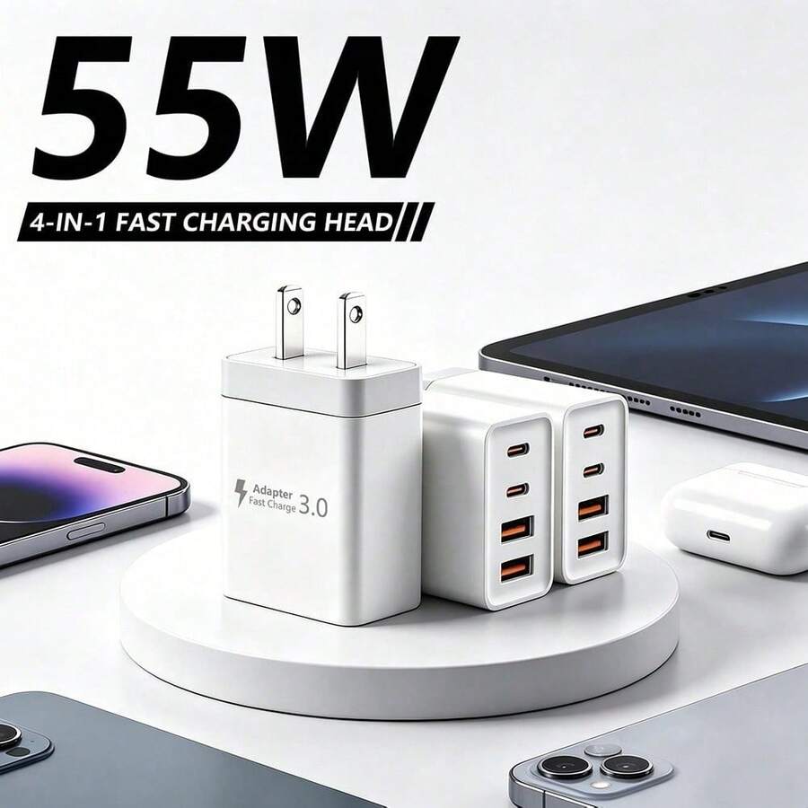 1 buah/2 buah/3 buah Kepala Pengisi Daya USB-C Ganda Portabel 55W, Blok Pengisian Cepat USB-C 4 Port, Adaptor Daya QC+PD, Kompatibel dengan iPhone 17 16 15 14 13 12 11 Plus Pro Max, Tablet, dan Berbagai Perangkat - Steker Tipe AS A (110-127V) - View 1