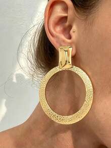 1pc Gold Metal Asymmetrical Square Metal Patch Hammered Embossed Texture Round Dangle Earrings Exaggerated Elegant Suitable For Vacation Party Daily Jewelry - Yellow Gold - View 8