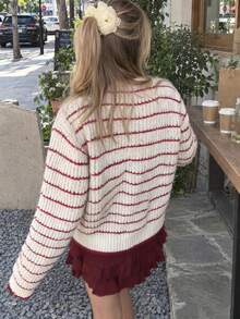 New Women's Casual Minimalist French Gentle Style Striped Round Neck Sweater Cardigan Jacket, Spring Autumn Winter - Red and White - View 4