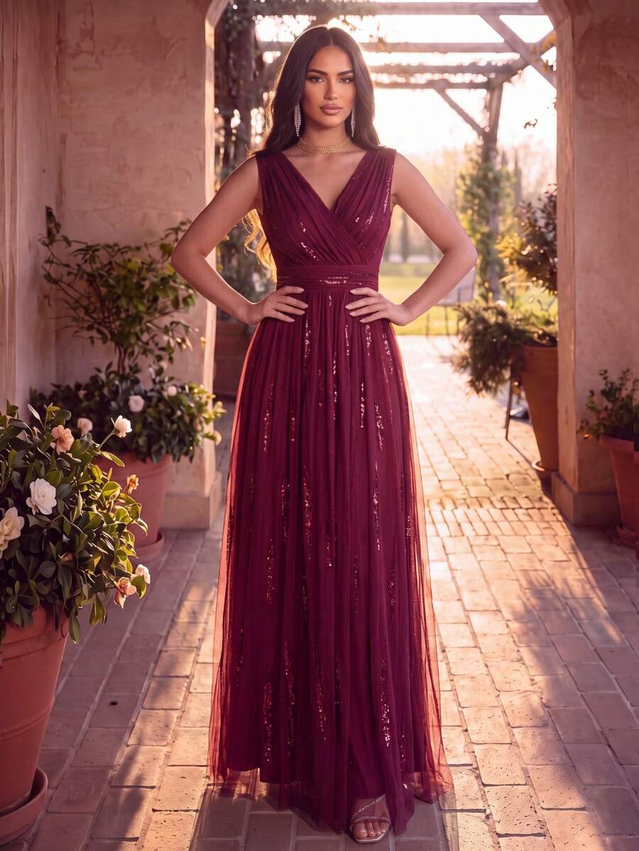 EVERPRETTY Autumn Elegant Luxury Sequin Embroidered Formal Evening Gown Suitable For Wedding Guest, Bride's Mother, Party, Semi-Formal Occasions