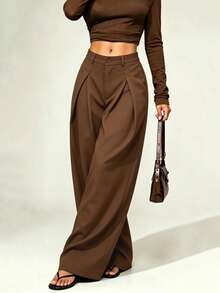 Women's Low Waist Fashion Pleated Solid Color Wide Leg Suit Pants - Coffee Brown - View 8