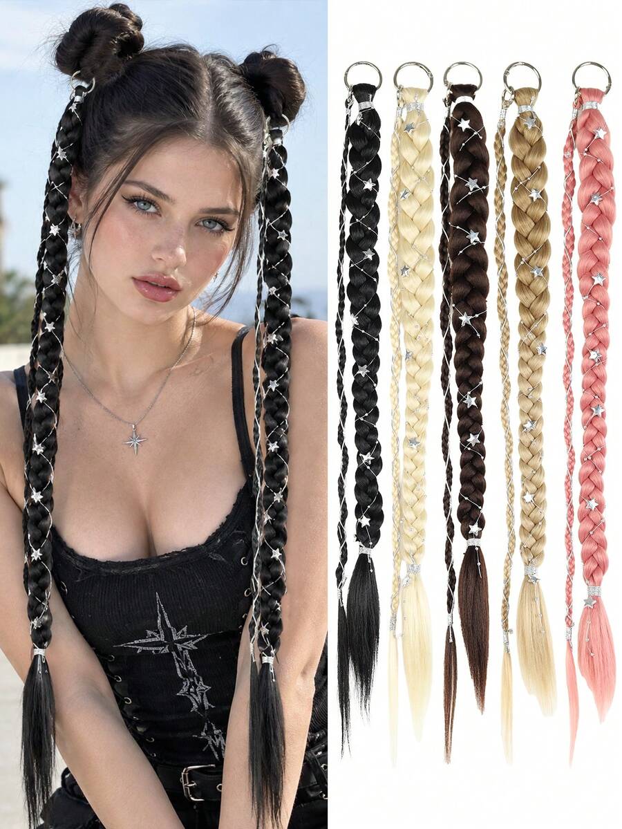Braided Hair Extension With Star Charms, Long Ponytail Hair Piece For Women, Multiple Colors For DIY Hairstyles And Daily Styling - Multicolor - View 1