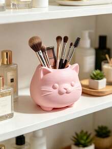 3D Printed Cute Cat Shaped Pen Holder, 3D Round Cute Highly Attractive Design, Large Capacity Storage For Makeup Brushes And Stationery, Desktop Vanity Organizer And Decor Dual-Use, Multiple Colors Available Healing Home Decor - Multicolor - View 4