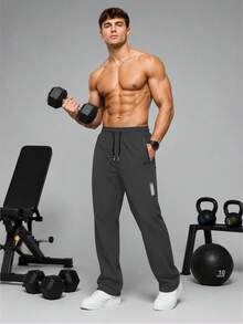 Men's Solid Color Sporty Woven Wide Leg Pants With Zipper Pockets, Suitable For Outdoor Activities, Fitness And Casual Daily Wear - Dark Grey - View 2