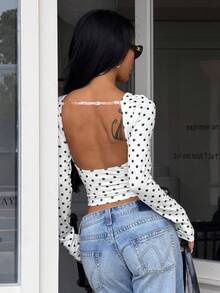 Women's Daily Fashion Versatile Design Backless Sexy Elegant Polka Dot Print Long Sleeve Top - White - View 7