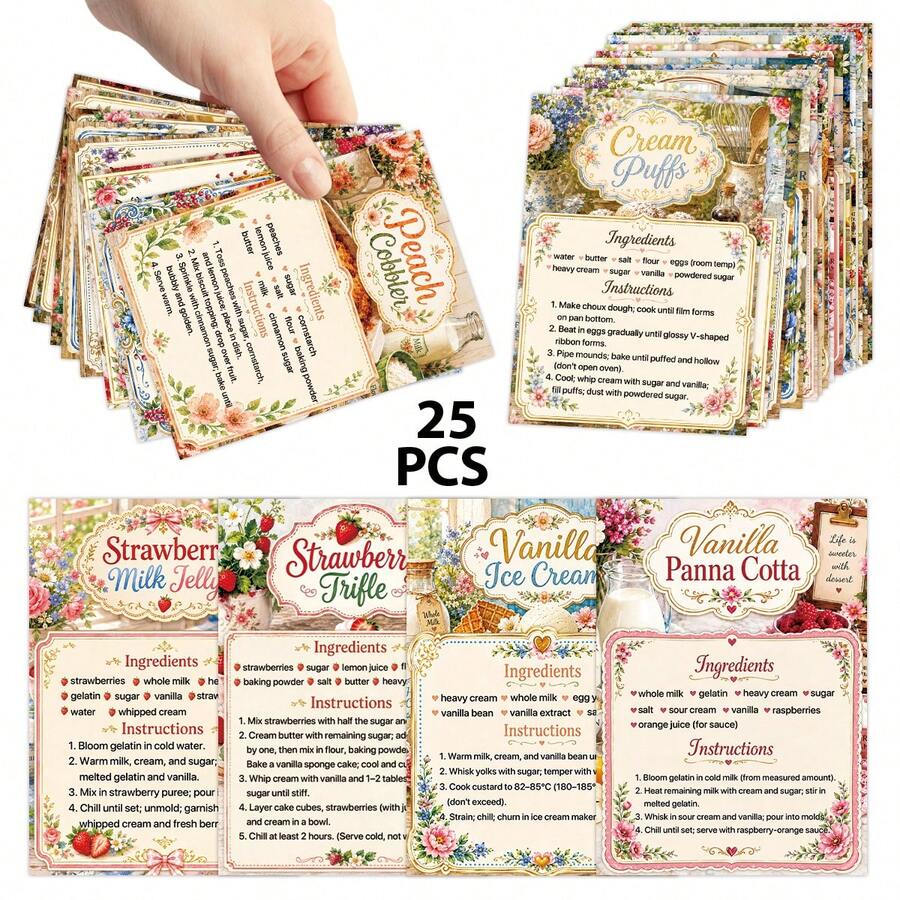 25 Vintage Dessert Recipe Cards, Classic Baking Recipe Reference Cards With Ingredients And Steps, Cake, Cookie, Pie And Pudding Baking Guide, Gift For Bakers And Baking Enthusiasts - A - View 1