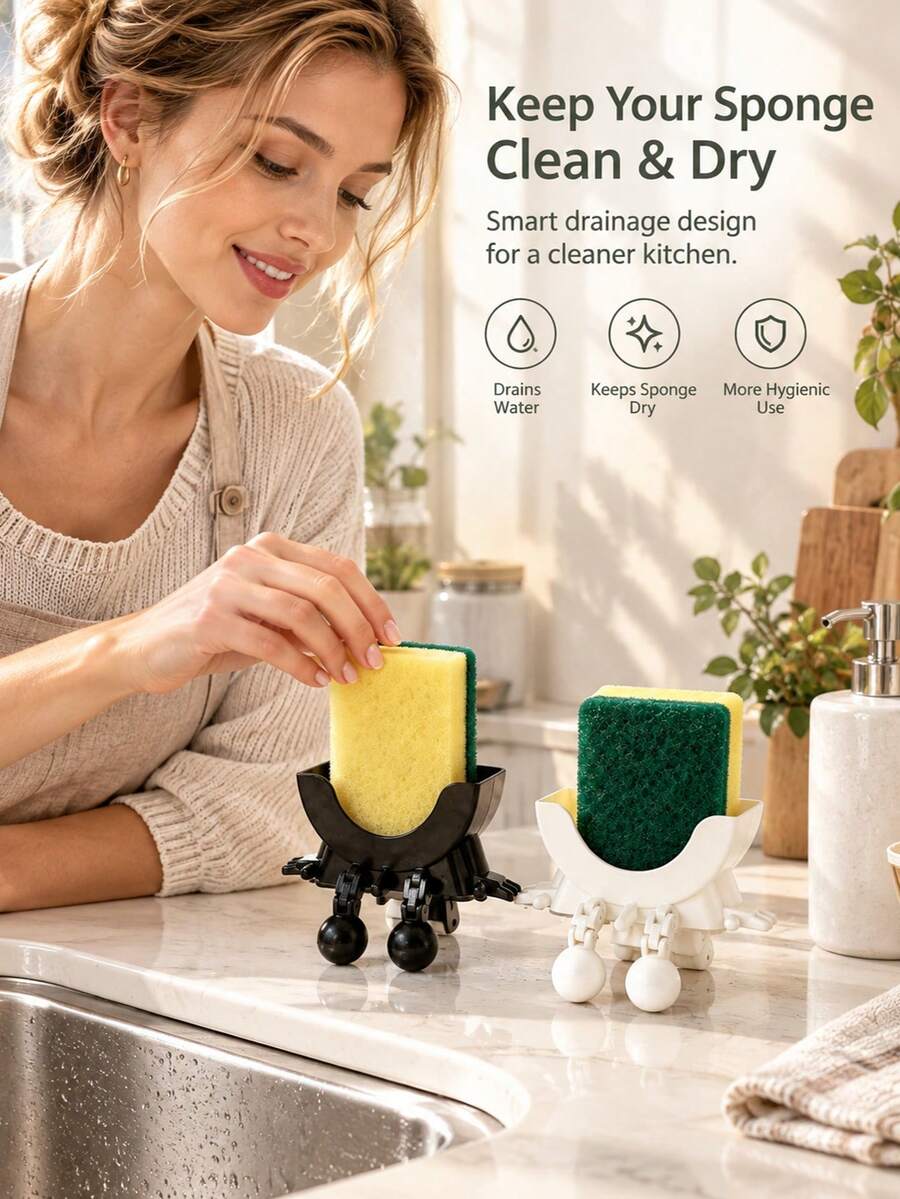 1pc Creative Wheel-Shaped Sponge Holder, Hollow Drainage Design For Quick Drying And Keeping Dry, Black And White Minimalist Versatile Style Suitable For Various Kitchen Decors, Smooth Material Resistant To Oil Stains And Easy To Clean, Kitchen Sink Side Storage For Sponges, Steel Wool And Cleaning Tools, Bathroom Countertop Storage For Toiletries, Desktop Storage For Small Items, Sponge Holder, Kitchen Drain Rack, Sponge Storage Rack