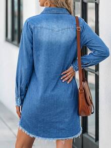 Women's Front Button Long Sleeve Casual Pocket Denim Shirt Dress - Medium Wash - View 3